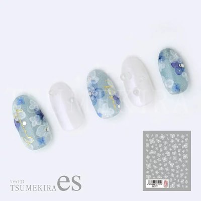 Five artificial nails displaying blue-and-white hydrangea nail sticker designs with a small inset image of the sticker sheet.