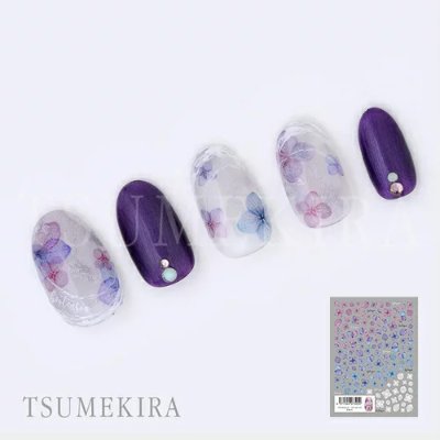 Five artificial nail tips showing purple and white hydrangea nail sticker designs with a small thumbnail of the sticker sheet.