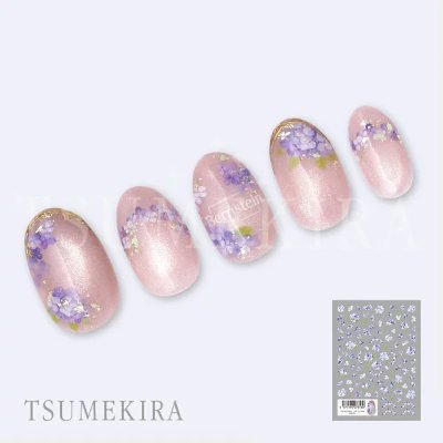 Five example nails showing pale pink nail designs with purple hydrangea nail stickers and a small image of the sticker sheet.