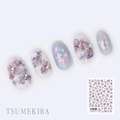 Five nail tips decorated with purple hydrangea nail stickers with a small image of the sticker sheet.
