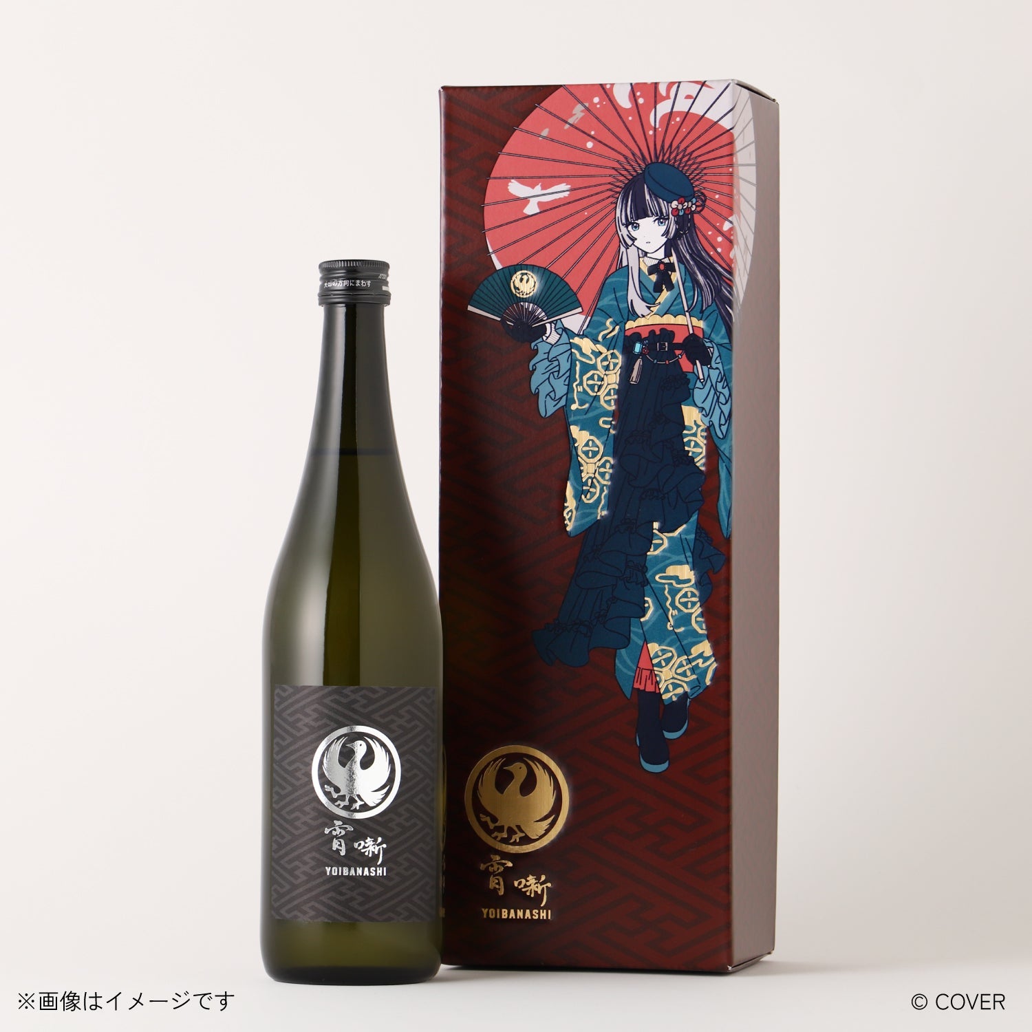 Photograph of the 罪-TSUMI- 魅惑イチゴ -300ml- bottle displayed next to its illustrated decorative box featuring an anime character in a kimono.