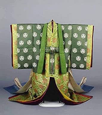 A green multi-layered women's kimono costume (wedding cosplay) displayed on a stand showing the front and wide sleeves.
