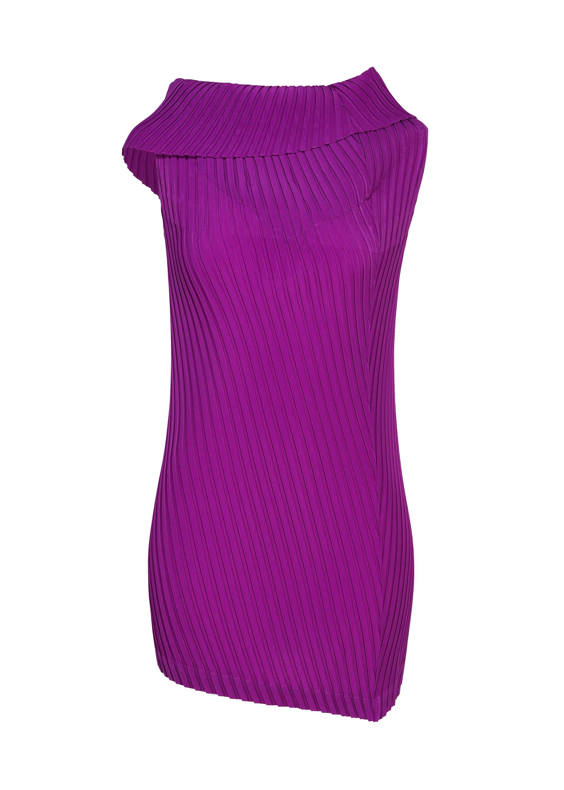 Close-up front view of a purple tubular pleated women's dress on a white background.