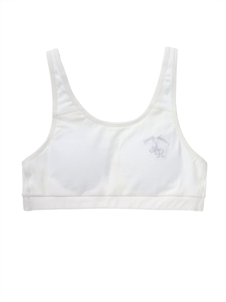 White soft-cup half top with a small embroidered motif shown flat on a white background.