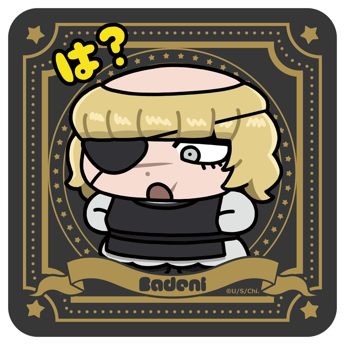 Square hand towel printed with a chibi character wearing an eyepatch inside a gold decorative frame.