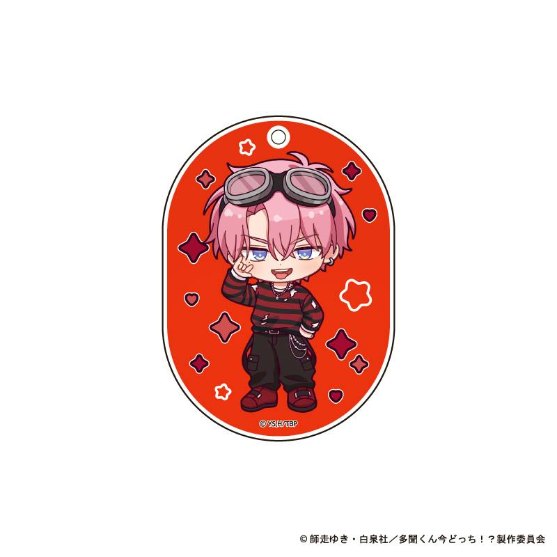 Oval red acrylic keychain mockup featuring a chibi illustration of Fukuhara Tamon with pink hair and goggles.