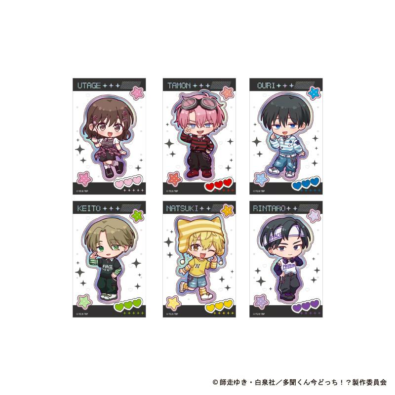 Six chibi-style Amo Crepe trading clear cards from the TV anime shown together on a white background, each featuring a different character design.