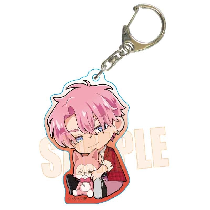 Acrylic keychain charm of a chibi Fukuhara Tamon holding a cat, attached to a silver keyring.