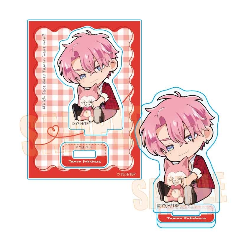 Mockup image of the acrylic mini stand for Fukuhara Tamen showing a chibi pink‑haired character holding a cat with a red checkered backing.