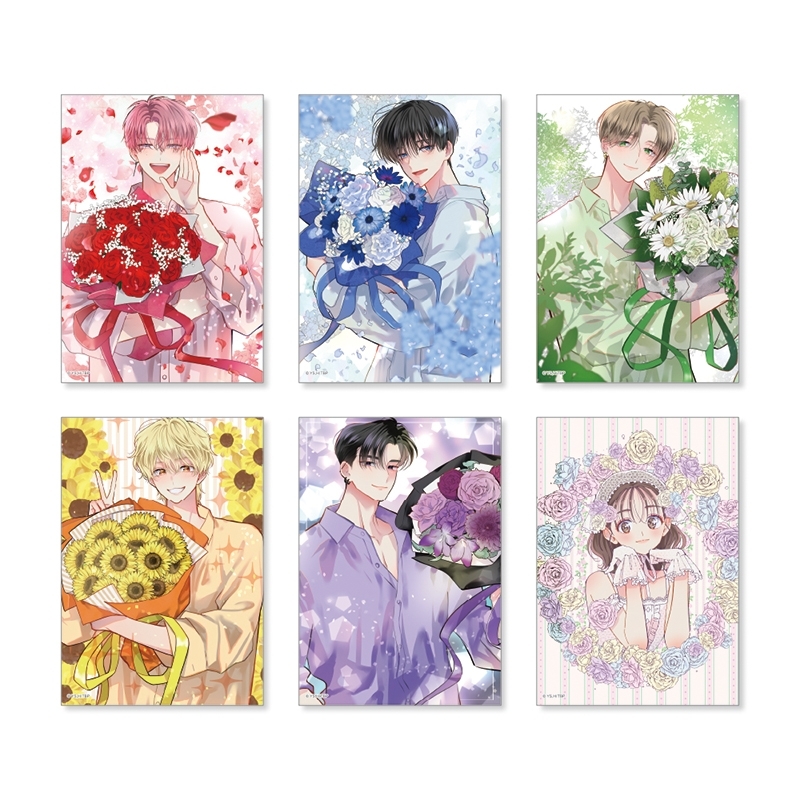 Six illustrated trading bromide photocards from the TV anime, arranged in two rows and showing different characters each holding bouquets.