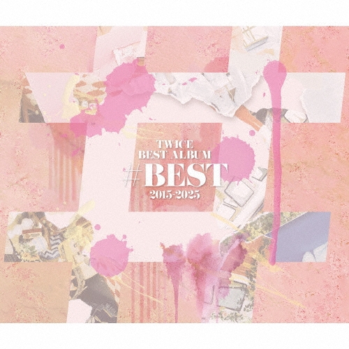 Square album cover art for TWICE BEST ALBUM “#BEST 2015-2025” showing pink abstract collage with the title text in the center.