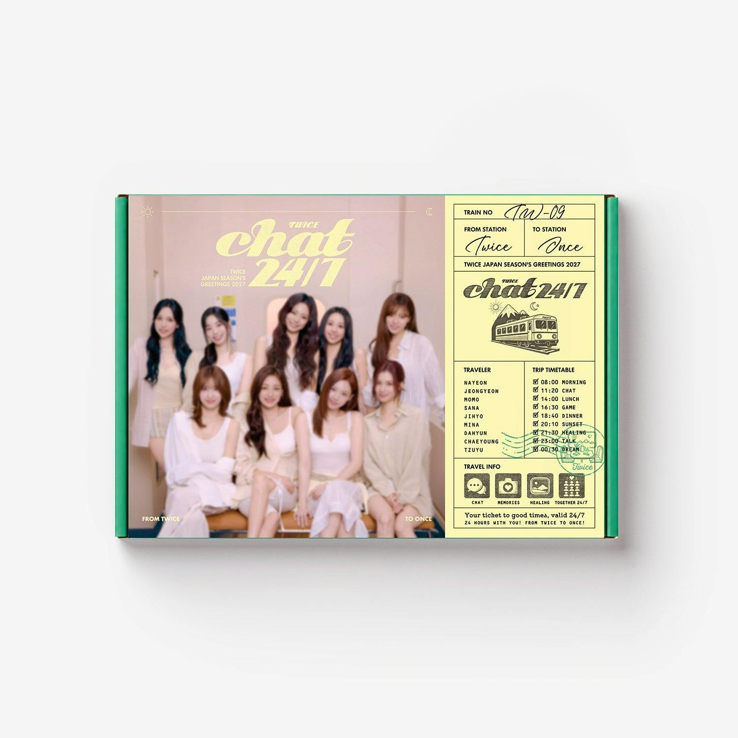 Front of the TWICE JAPAN SEASON'S GREETINGS 2027 "CHAT 24/7" regular edition box showing a group photo of TWICE on the left and a ticket-style yellow information panel on the right.