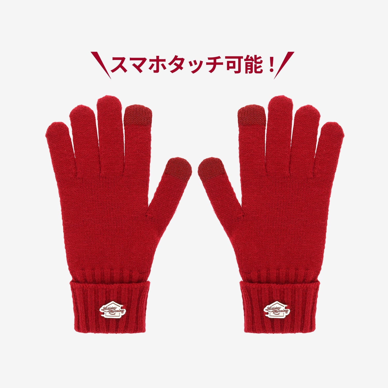 Red polyester gloves (size M) shown flat with ribbed cuffs and small patch details.