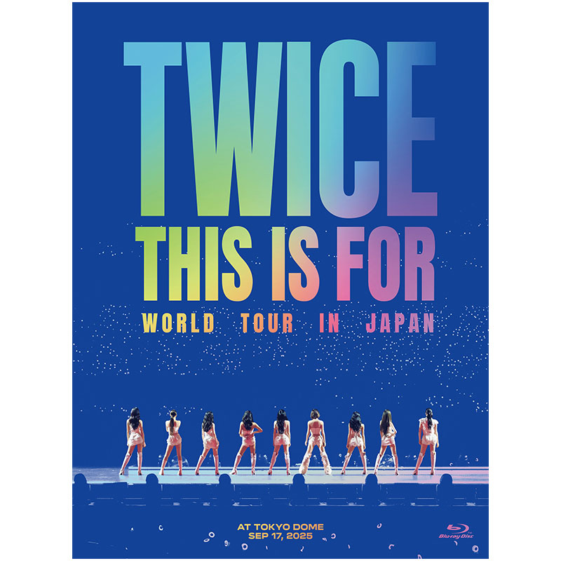 Blu-ray cover art for TWICE "THIS IS FOR" World Tour in Japan showing the group's stage silhouettes beneath large title text on a blue background.