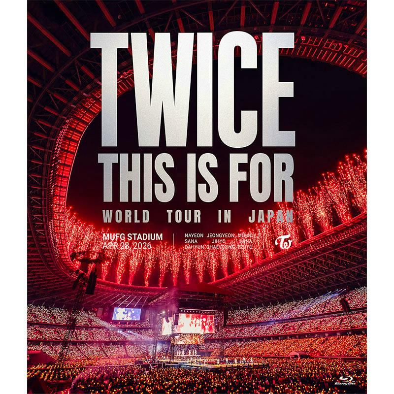 Blu-ray cover art for TWICE "THIS IS FOR" World Tour in Japan showing a stadium concert scene with crowds and red fireworks.