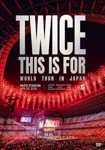 Cover art for the DVD showing a packed stadium concert with fireworks and large text reading "TWICE THIS IS FOR WORLD TOUR IN JAPAN".