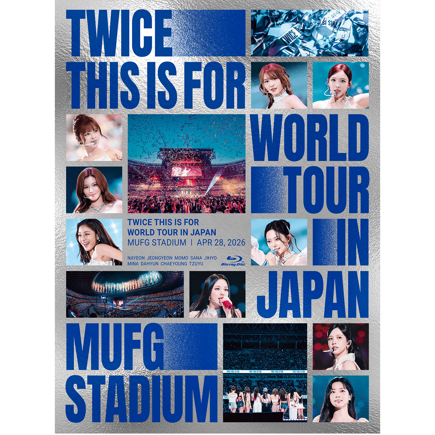 Front cover artwork for TWICE "TWICE THIS IS FOR" World Tour in Japan Blu-ray, a collage of concert photos and large blue title text.