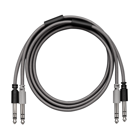 A coiled twin balanced jack audio cable with two metal jack plugs visible at each end on a black background.