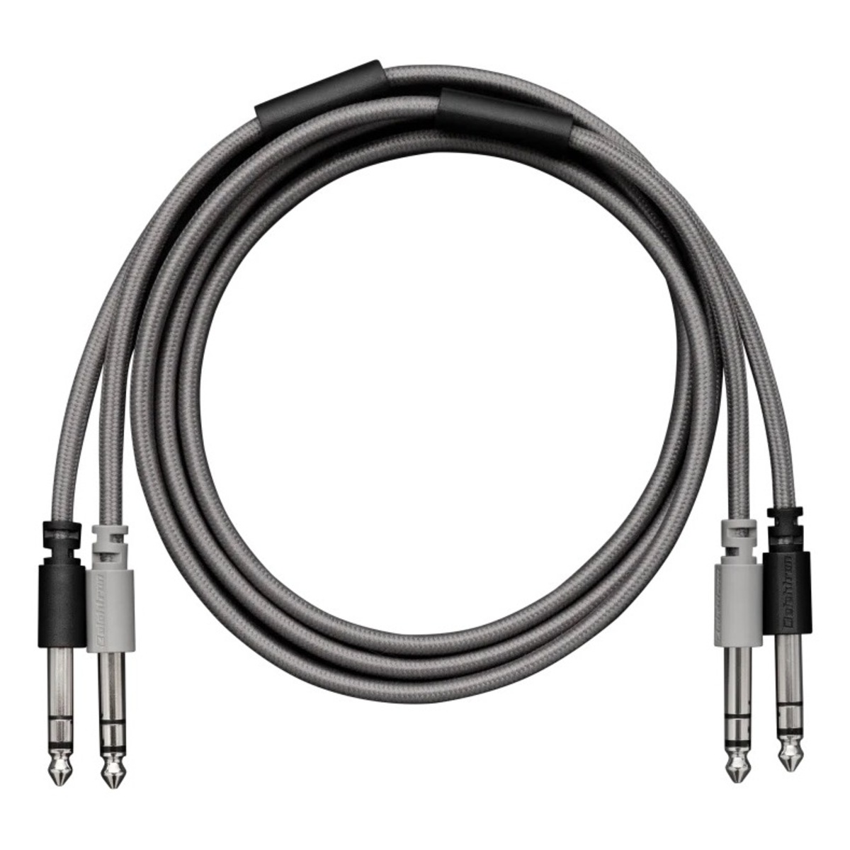 Coiled twin balanced jack cable (92cm) showing both plug ends and grey braided sheath.