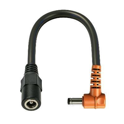 Conversion cable with a black cable, orange right-angle plug, and black female barrel connector.