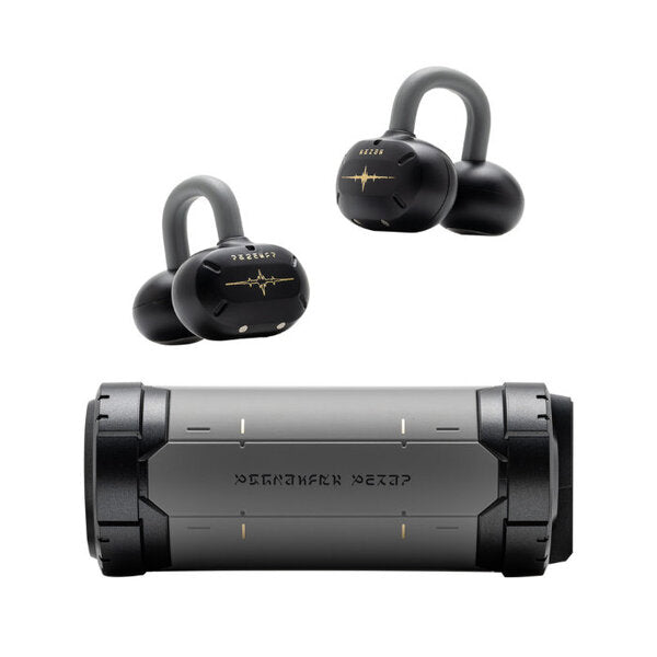 Black Wuthering Waves x MOONDROP earphones with earhooks displayed above their cylindrical charging case on a white background.