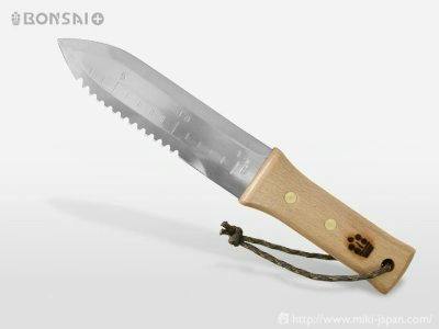 Stainless BONSAI+ pocket knife with a serrated blade, wooden handle, and a cord lanyard.