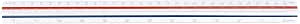 Plastic triangular scale ruler (11.8 inches / 30 cm) shown laid flat with measurement markings and colored bands.