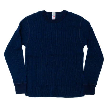 Front view of the indigo UES big waffle T-shirt laid flat.