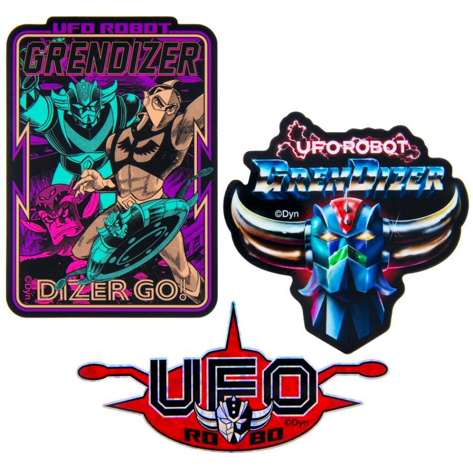 Three Grendizer-themed waterproof stickers on a white background: a rectangular character scene, a horned robot helmet, and a red UFO/ROBOT logo.