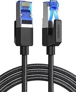 Close-up of a UGREEN braided CAT8 Ethernet cable showing both RJ45 connectors.