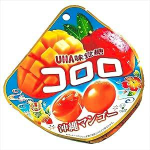 Front view of a UHA Coloro Okinawa Mango gummy candy package showing mango fruit artwork and two glossy mango gummies.