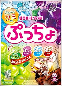 Front of a UHA Puccho candy bag packaging showing assorted fruit and cola illustrations.