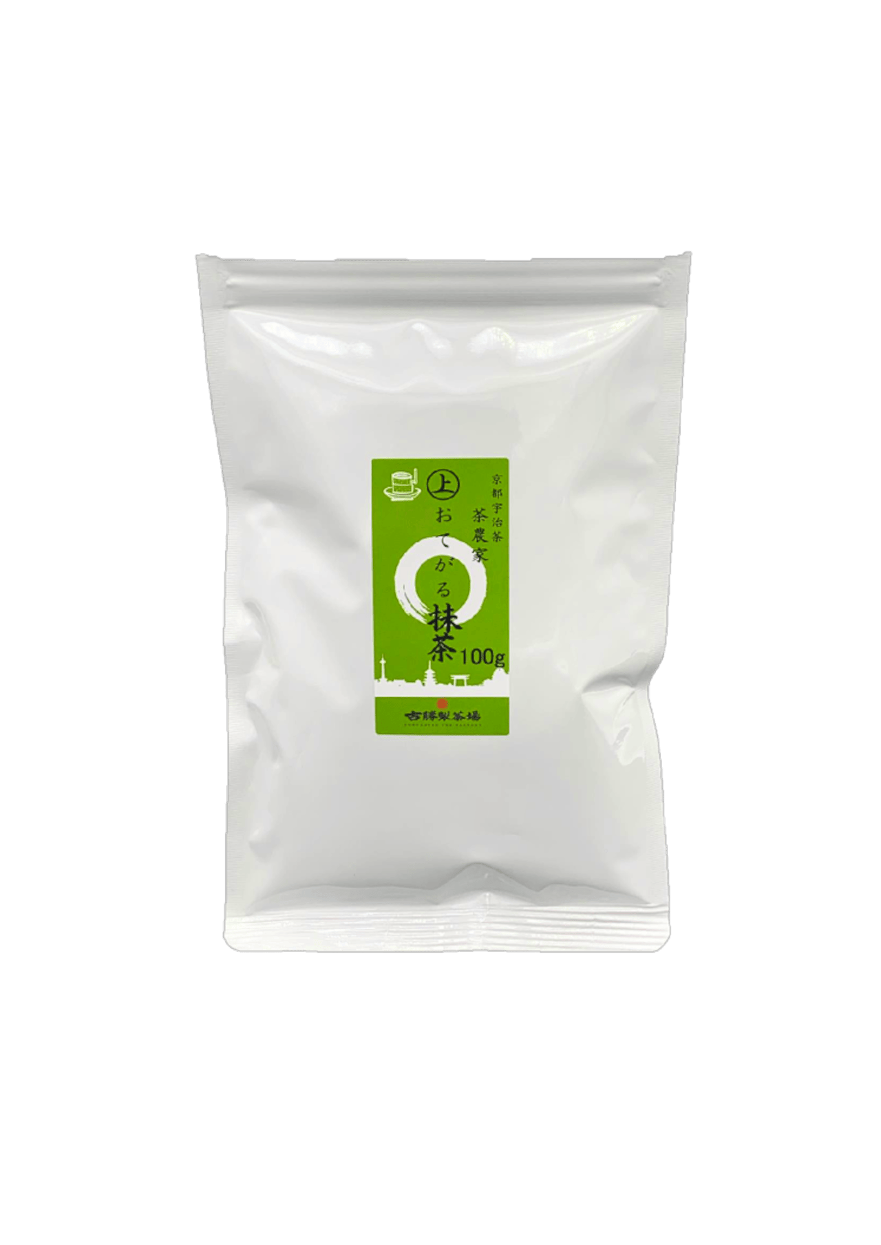 White sealed pouch with a green product label showing the matcha name and "100g".
