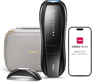 Front view of the Ulike X Max men's hair removal device with its travel case, an attachment cap, and a smartphone displaying the Ulike Smart app.