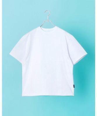 White blank T‑shirt hanging on a hanger against a light blue background.