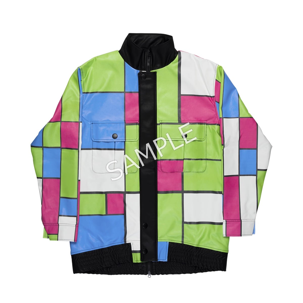 Front view of the men's synthetic leather ウマ娘 プリティーダービー エアシャカール jacket with a colorful green, pink, blue, and white geometric pattern and a black center placket.