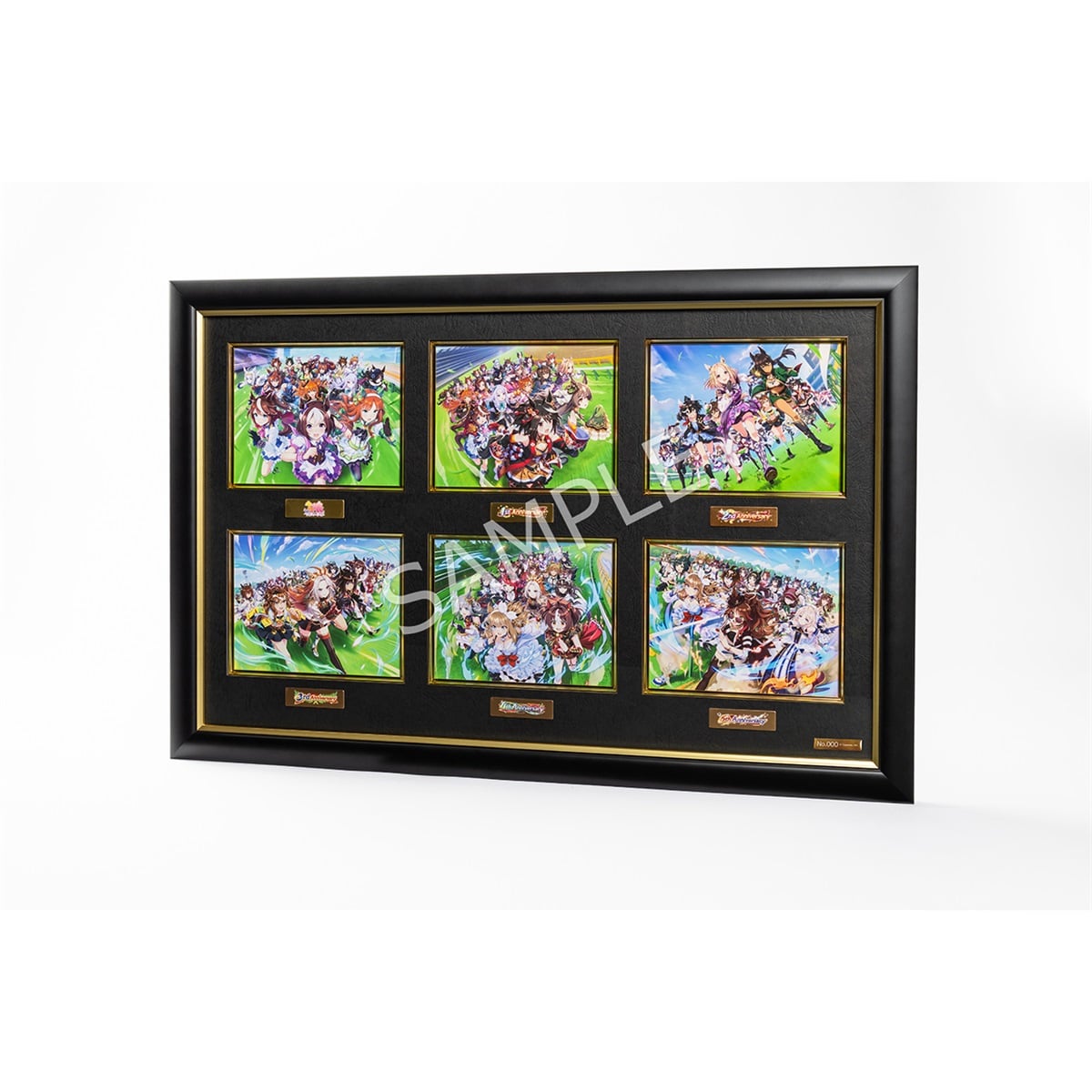 Framed art print showing six colorful character illustrations arranged in two rows, photographed against a white background.