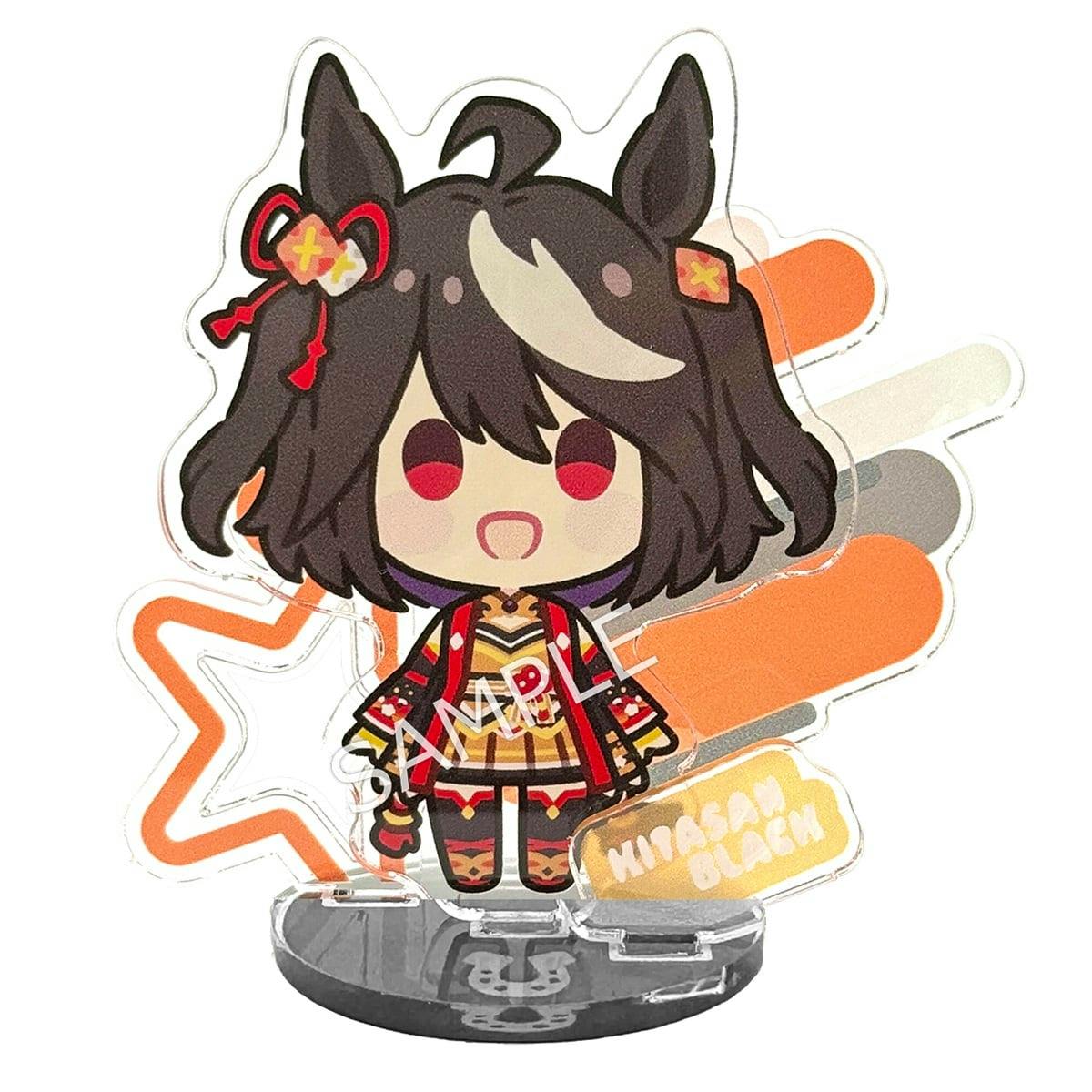 Close-up front view of the Kitasan Black acrylic decorative stand showing a chibi character print on a clear base.