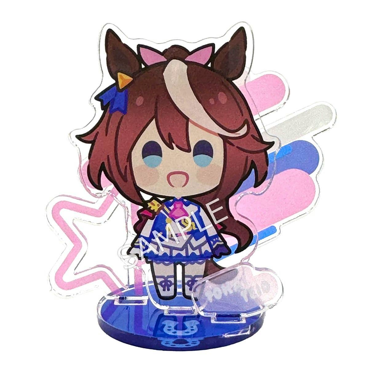 Front photograph of the ウマ娘 プリティーダービー トウカイテイオー acrylic decorative stand (chibi design) on a blue base.