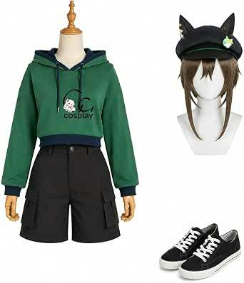 Front view of the Uma Musume Schwargran cosplay outfit on mannequins, showing a green hoodie, black shorts, a black cat‑ear hat with attached brown wig, and black sneakers.