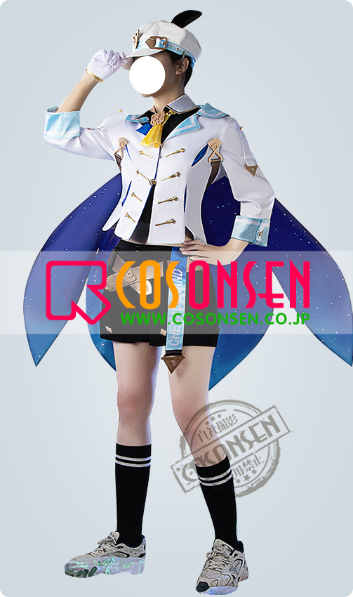 Front view of a person modeling the men's polyester "シュヴァルグラン" cosplay suit, including jacket, cape, shorts, hat, gloves, and knee-high socks.