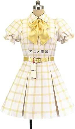 Women's cosplay dress (polyester) on a mannequin: yellow and white plaid short-sleeve dress with a large front bow and a waist belt.