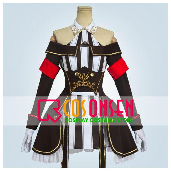 Front view of the Karen-chan racing uniform cosplay dress on a mannequin in brown, white, and red.
