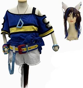Mannequin wearing the blue-and-yellow cosplay top with belt and white shorts, shown with a long dark wig on a wig stand.