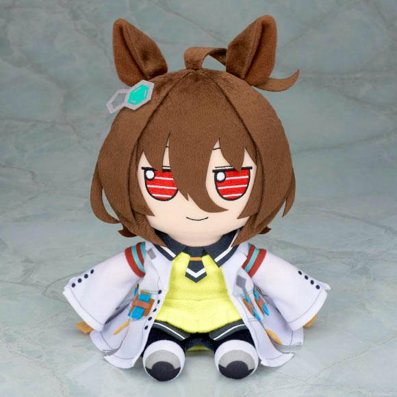Seated front view of the ウマ娘 プリティーダービー アグネスタキオン 17cm plush toy on a neutral gray background.