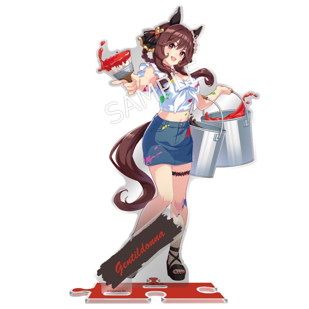 Front view of the acrylic stand showing the character Gentildonna holding a paintbrush and paint buckets.