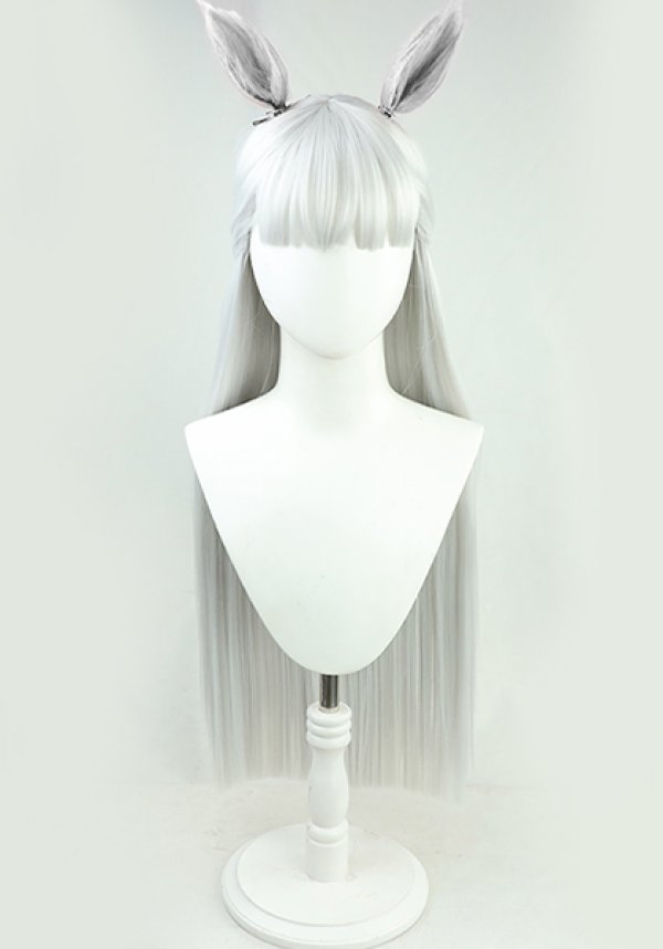 Long silver-gray synthetic cosplay wig with attached horse ears and straight bangs on a white mannequin bust.