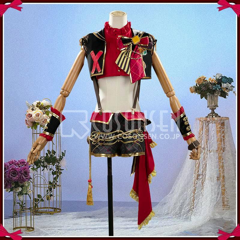 Mannequin wearing the Gran Alegria cosplay costume: red and black cropped jacket, shorts, sash, and decorative bow.
