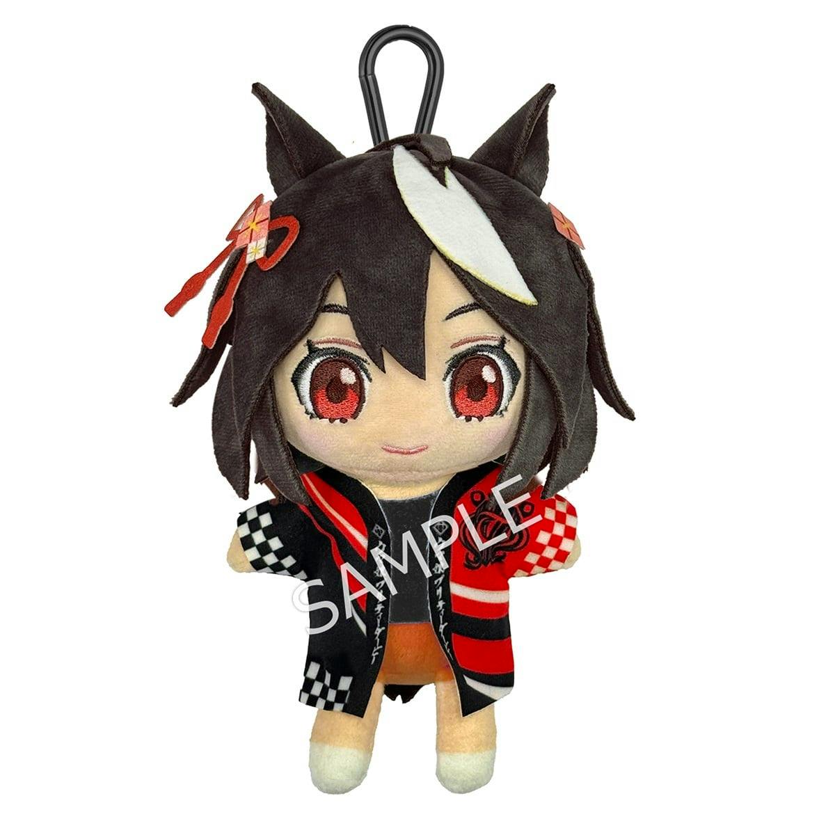 Front-facing plush keychain of the Uma Musume Kitasan Black character wearing a red-and-black jacket and a top clip.