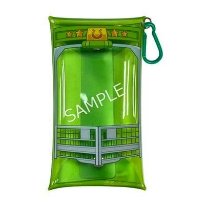 Green plastic multi pouch with a printed gate design and an attached green carabiner.